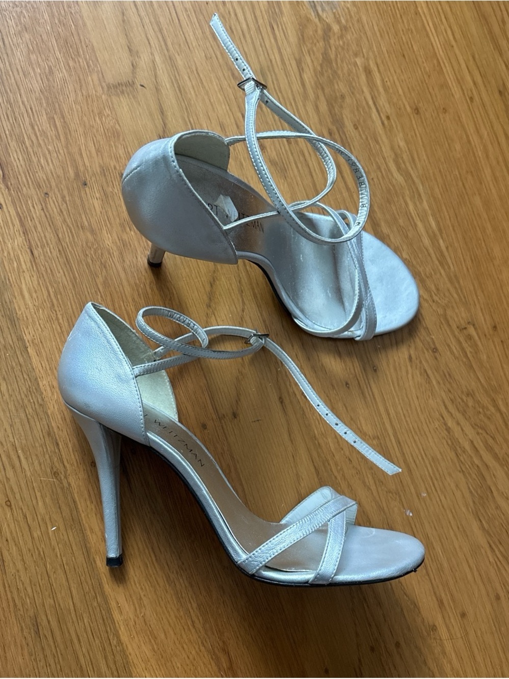 Stuart Weitzman Silver Strappy Ankle-Tie Stiletto Sandals